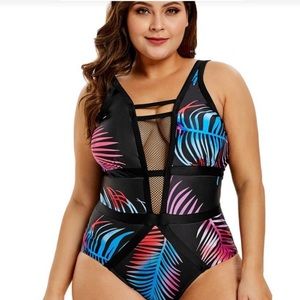 Rosegal Palm Mesh plunging floral rainbow plus size one piece Swimsuit A7